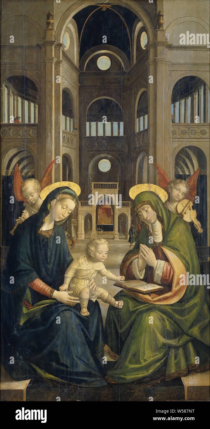 La Madonna con il Bambino e Sant'Anna, Anna te Drieen. Interno della chiesa con Maria con Gesù bambino sul suo giro sulla destra San Anna con un libro aperto davanti a lei. Angeli rendendo la musica su entrambi i lati, 'Anna selbdritt', cioè Anna, Maria e Gesù bambino vicino insieme, Defendente Ferrari, 1528 pittura ad olio (vernice), pannello, pittura, h 166 cm × W 87,5 cm d 5.2 cm Foto Stock