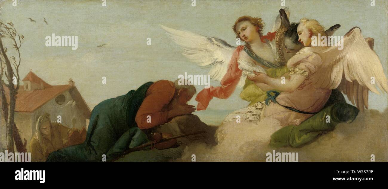 Abramo con i tre angeli Abramo si inginocchia davanti a tre angeli, sinistra Sara presso la casa. Sulla base di una composizione di Tiepolo. Abramo si inginocchia davanti agli angeli, Francesco Zugno, 1750 - 1780, pittura a olio (vernice), tela, pittura, h 50,5 cm × W 120 cm d 7,5 cm Foto Stock