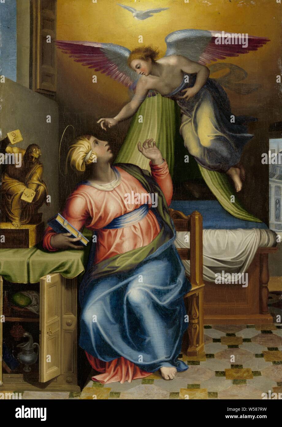 Annunciazione alla Vergine, l'Annunciazione di Maria. Maria con un libro in mano seduto accanto a un armadio con le porte aperte, si trasforma in un angelo. Al di sopra del angel la colomba dello Spirito Santo. Sulla scatola un'immagine di Mosè che spezza le tavole della legge, l'annunciazione: Maria seduta - AA - Maria a sinistra, l'angelo a destra, Marcello Venusti (cerchio di), 1550 - 1570, tela, pittura a olio (vernice), h 41,7 cm × W 30 cm d 8.5 cm Foto Stock