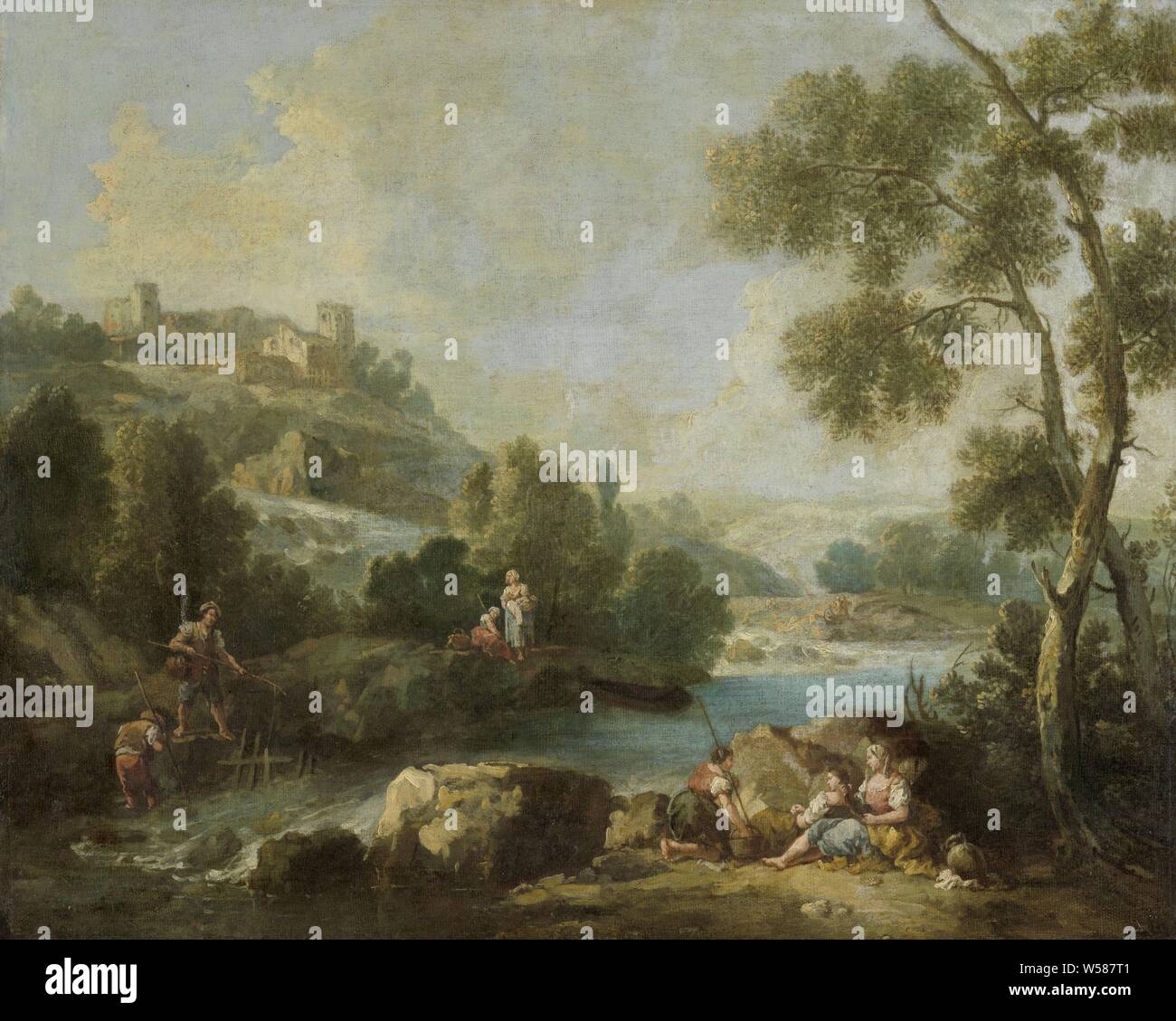 Paesaggio con figure, collina Paesaggio con figure. Paesaggio fluviale con tre donne di appoggio in primo piano, due uomini stavano in piedi sull'altro lato di una rapida. A distanza di una collina con alcuni edifici, bassa collina paese, Giuseppe Zais (attribuito a), 1730 - 1770, tela, pittura a olio (vernice), h 59 cm × W 73 cm d 11 cm Foto Stock
