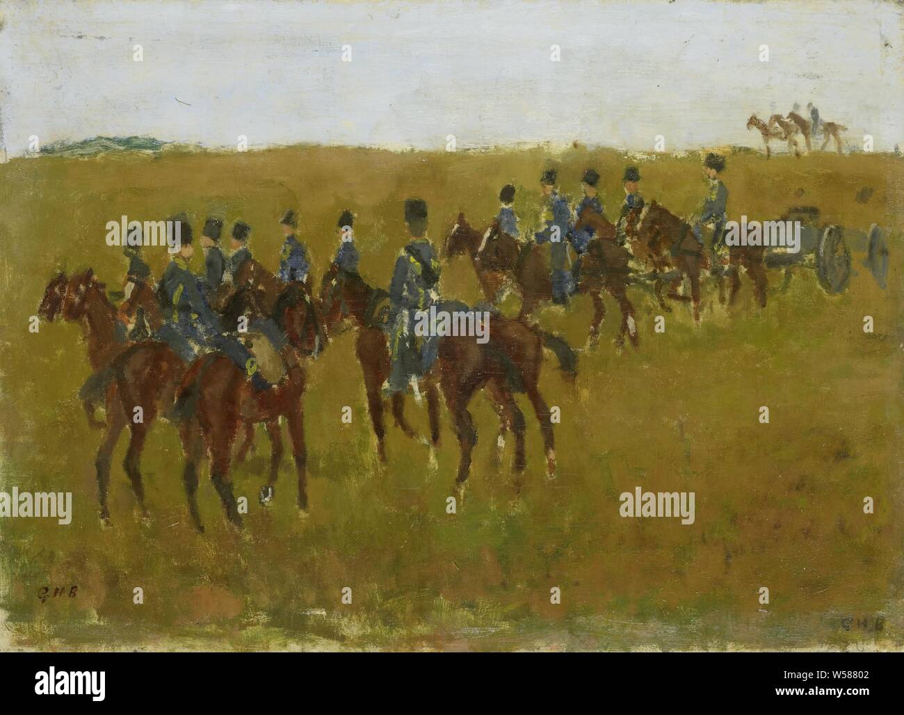 L'artiglieria della manovra, artiglieria sulla manovra in campo aperto. Centrale di un gruppo di ufficiali a cavallo di un pezzo di artiglieria a destra, manovra, addestramento militare, gamma di artiglieria, poligono di tiro, George Hendrik Breitner (menzionato in oggetto), Paesi Bassi, c. 1880 - c. 1923, pannello, pittura a olio (vernice), h 29.5 cm × W 40,5 cm × t 1.1 cm Foto Stock