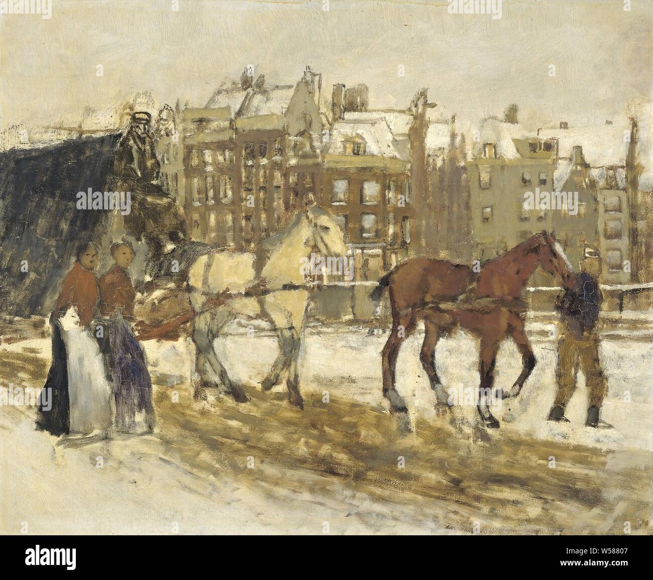 Il Rokin, Amsterdam, il Rokin di Amsterdam con la Langebrugsteeg sull'altro lato. Street view con un carro trainato da due cavalli, due donne sulla sinistra, street (città (-scape) con figure, staffage), cavallo, Rokin, Langebrugsteeg, George Hendrik Breitner (menzionato in oggetto), Maggio-1923, pannello, pittura a olio (vernice), h 38 cm × W 46 cm Foto Stock