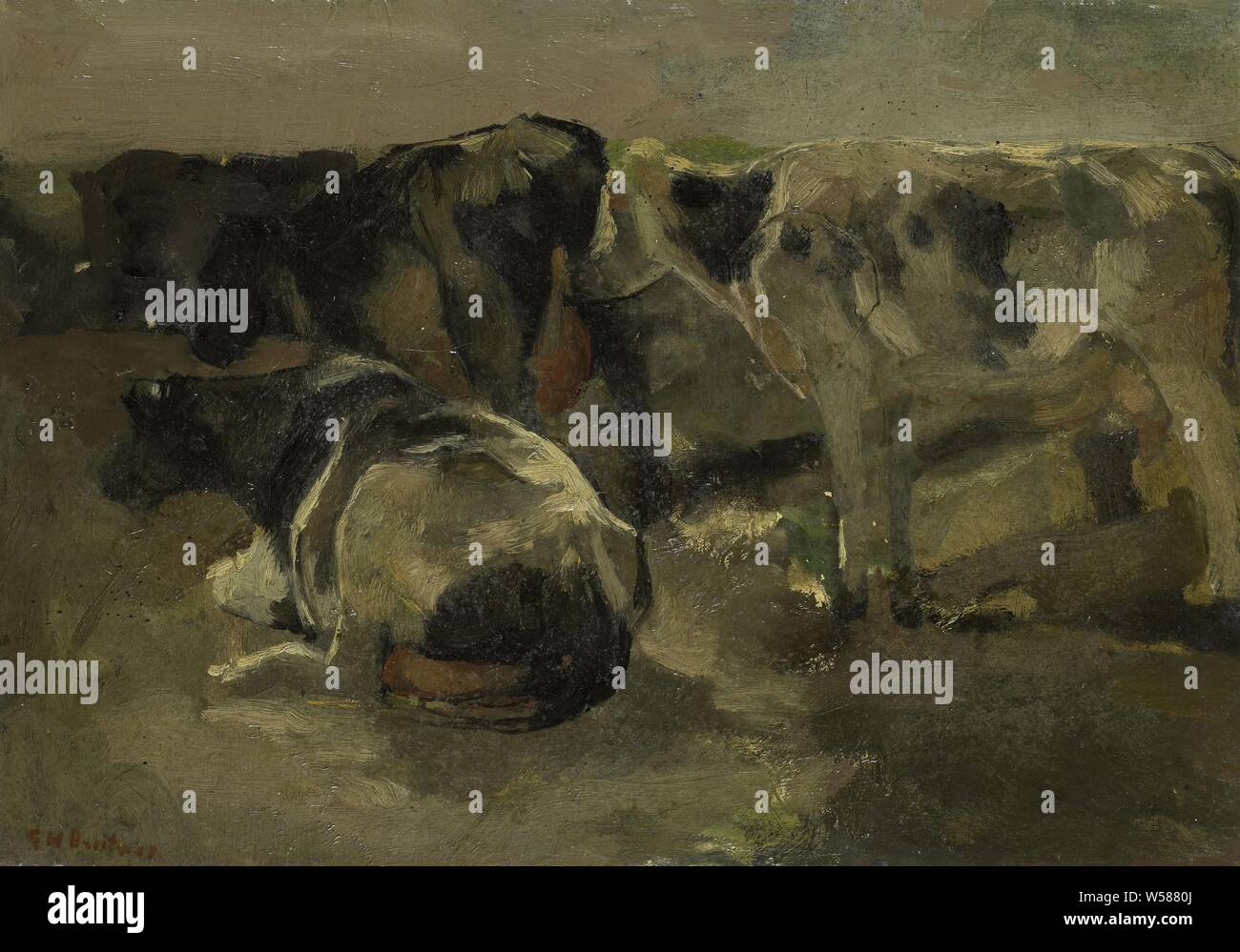 Quattro vacche, quattro mucche. Studio di standing e giacente vacche, mucca, George Hendrik Breitner (menzionato in oggetto), Paesi Bassi, c. 1880 - c. 1923, cartone, pittura a olio (vernice), h 30 cm × W 42 cm d 3,8 cm Foto Stock
