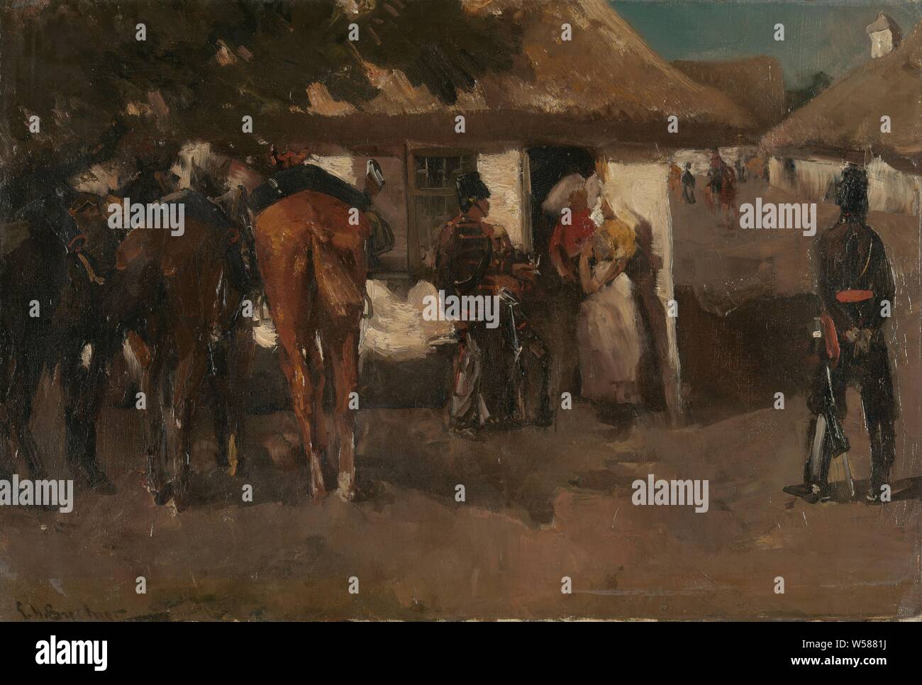 All'accantonamento delle truppe, acquartieramento dei soldati nelle case di un villaggio. Due donne gli agricoltori stanno parlando di fronte alla porta con alcuni ussari, i loro cavalli sulla sinistra, una buona ricezione, George Hendrik Breitner, 1880 - 1919, tela, pittura a olio (vernice), h 51 cm × W 75 cm d 11 cm Foto Stock