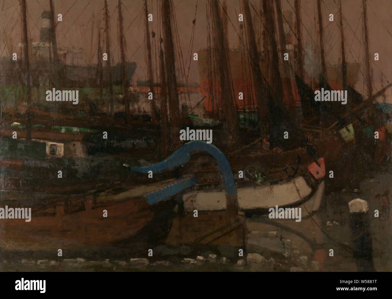 Le navi nel ghiaccio, le navi in ghiaccio. Una fila di chiatte ormeggiato a jetty, sullo sfondo delle grandi navi nel porto, nave a vela, barca a vela, ghiaccio, stato dell'acqua, porto, George Hendrik Breitner (menzionato in oggetto), 1901, tela, pittura a olio (vernice), h 115 cm × W 163 cm h 151 cm × W 200 cm × d 16,5 cm w 36 kg Foto Stock