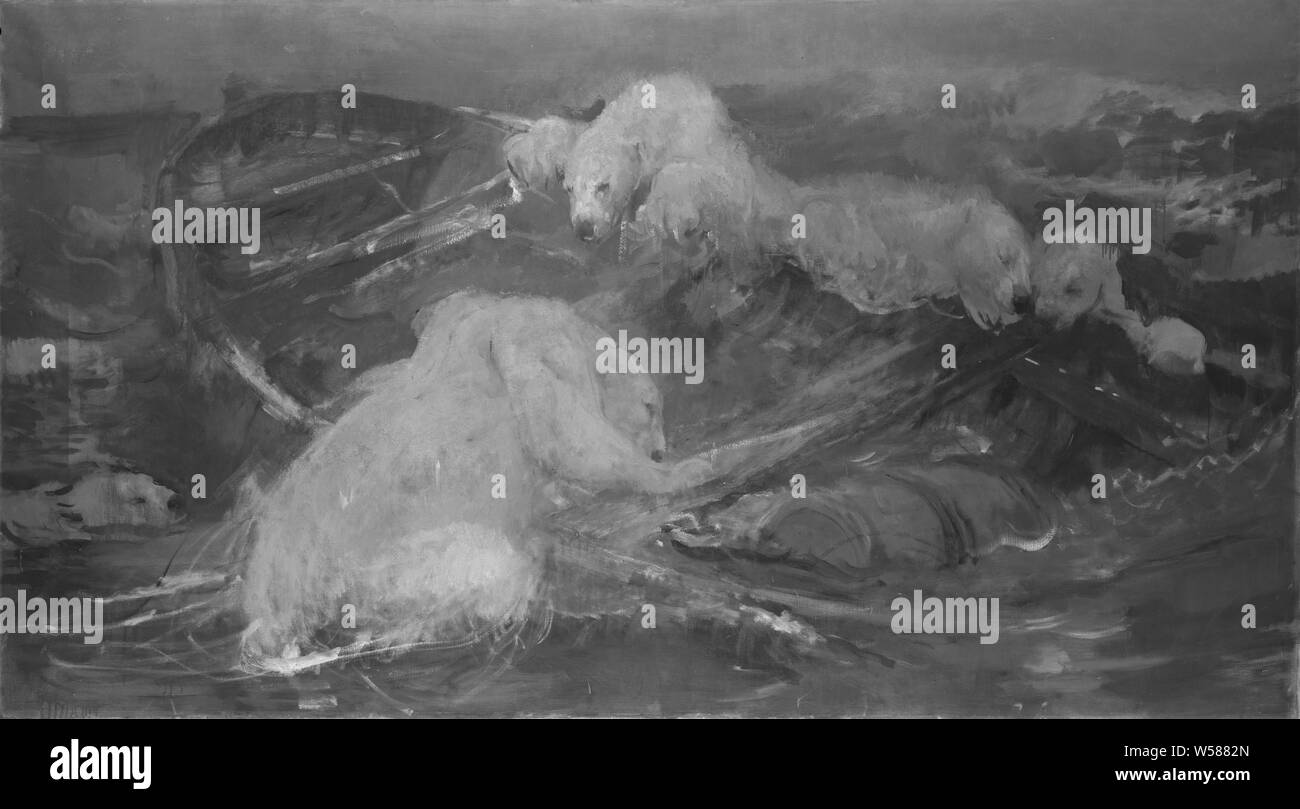 Gli orsi polari salire una floating sloop, quattro orsi polari salire un abbandonato sloop galleggiante in acqua, belve, animali predatori: orso polare, barca a remi, canoa, ecc, John Macallan Swan, 1870 - 1910, tela, pittura a olio (vernice), h 152 cm × W 276 cm Foto Stock