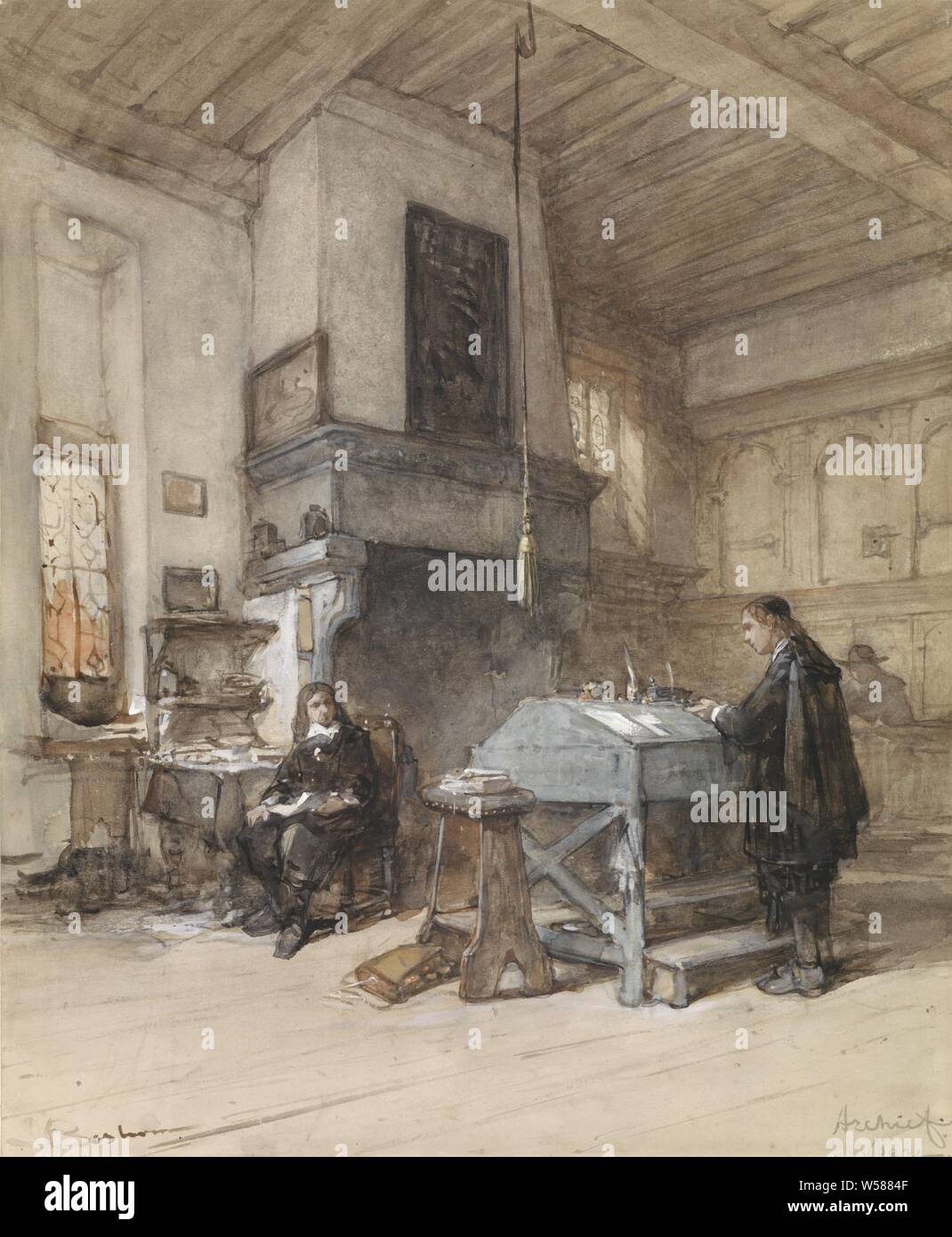 Archivio in Veere con figure nel XVII secolo il costume, archivio, interni della casa, Veere, Johannes Bosboom (menzionato in oggetto), Paesi Bassi, 1827 - 1891, carta, deck vernice, gesso, spazzola, h 515 mm × W 423 mm Foto Stock