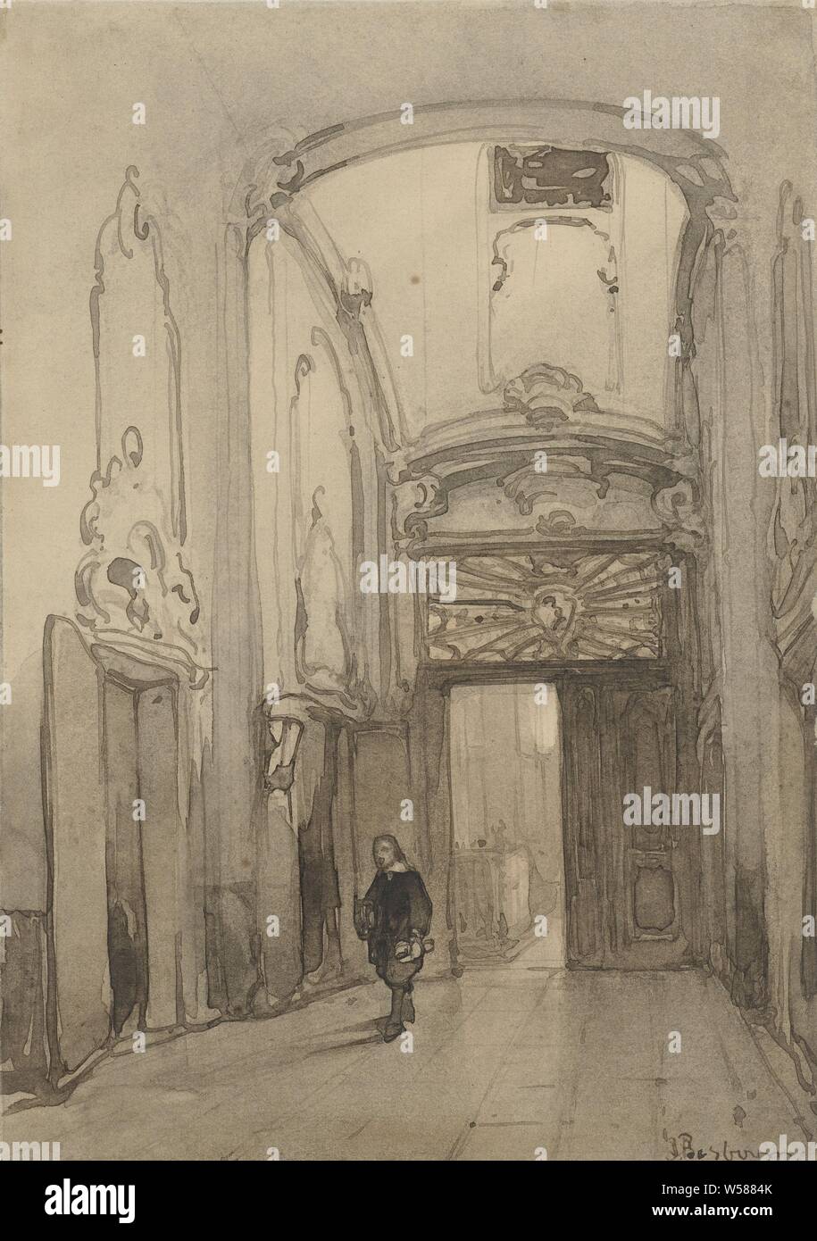 Portale rococò nel municipio di La Hague con un uomo nel XVII secolo il costume, interni della casa, il municipio, l'Aia, Johannes Bosboom (menzionato in oggetto), Paesi Bassi, 1827 - 1891, carta, matita, inchiostro, acquerello (vernice), brush, h 200 mm × W 140 mm Foto Stock