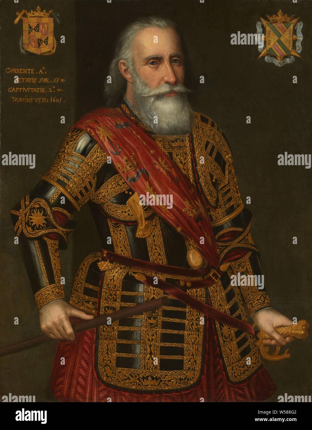 Ritratto di Francisco Hurtado de Mendoza Ritratto di Francisco Hurtado de Mendoza, Ammiraglio di Aragona, Ritratto di Francisco Hurtado de Mendoza (1546-1623), Admirant d'Aragona, generale nell'esercito dell'Arciduca Albrecht dell'Austria. Ginocchio, in piedi in armatura, a destra. Personale di comando nella mano destra e la mano sinistra sulla elsa della sua spada. In alto a sinistra lo stemma della admirant di Aragona, in alto a destra lo stemma di famiglia. Sul torace di un infisso mobile e una catena con un gioiello ovale con il giglio croce di Calatrava, storico delle persone, comandante in capo delle forze armate, il generale, il maresciallo, ARMOR, Aragona, Francisco Foto Stock