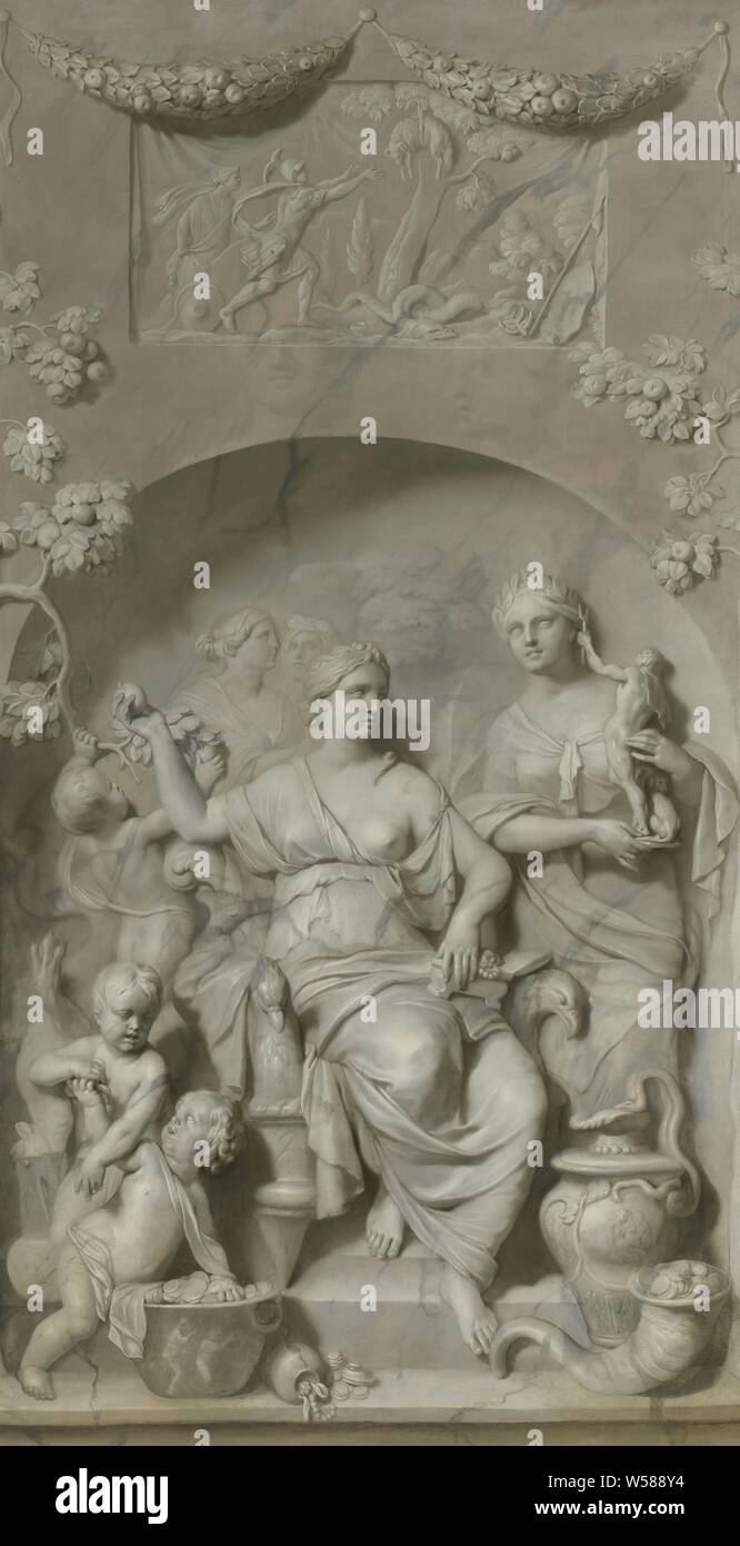 Allegoria della ricchezza, allegoria della ricchezza. In mezzo la femmina personificazione della ricchezza, nella mano destra un apple. A sinistra due putti in prossimità di un bollitore con monete. Sulla destra una donna in piedi con una statua. Da una serie di cinque allegorie, dipinta in grisaille tra 1675 e 1683 per 'MESSINA' casa di Philips de Flines sul Canale Herengracht., ricchezza, opulenza, 'Opulenza', 'richezza' (RIPA) (concetto astratto rappresentato dalla figura femminile), Philips de Flines, Gerard de Lairesse, Paesi Bassi del Nord, 1675 - 1683, tela, pittura a olio (vernice), h 288 cm × W 153 cm d 7 cm Foto Stock