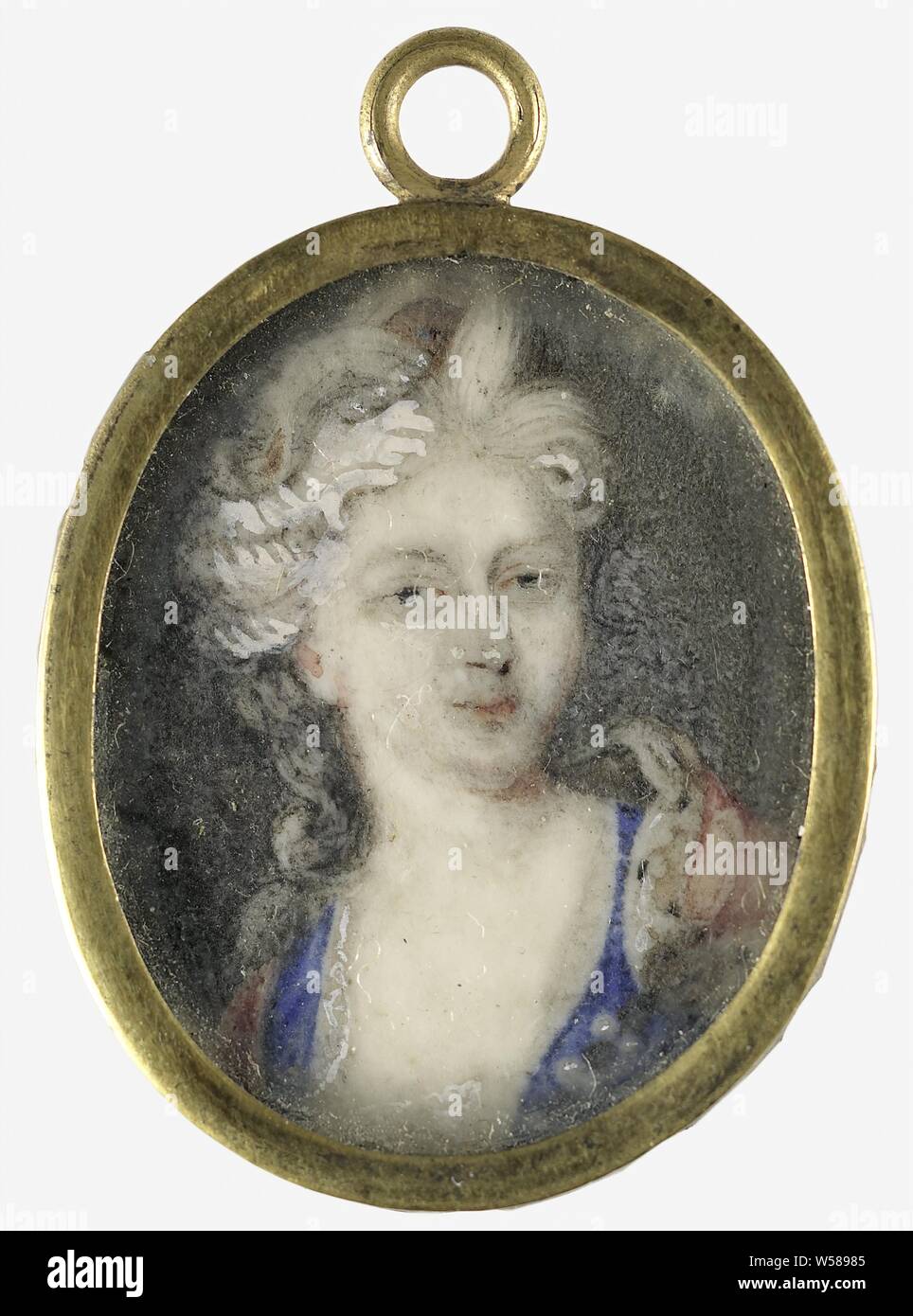 Ritratto di una donna, presumibilmente Christiane Charlotte di Wuremberg (1694-1729), presumibilmente Christiane Charlotte di Wuremberg (1694-1729) busto, rivolta a. Parte del ritratto di raccolta in miniatura, Christiane Charlotte von Württemberg-Winnental, anonimo, Germania, 1710 - 1730, avorio, metallo, vetro, h 2,8 cm × W 2.4 cm h 3.4 cm × w 2,5 cm × d 0,3 cm Foto Stock