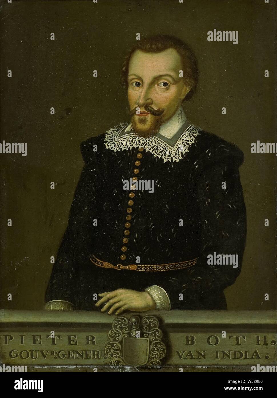 Ritratto di Pieter entrambi, Governatore Generale delle Indie orientali olandesi, Ritratto di Pieter entrambi (1550-1615), Governatore Generale (1610-14). A metà strada a sinistra. Parte di una serie di ritratti dei governatori generali dell'ex Indie orientali olandesi. Parte di una serie di copie di ritratti dei governatori generali dell'ex Indie orientali olandesi, probabilmente dall'olandese East India Company. Pieter entrambi, olandese East India Company, anonimo (copia dopo), Batavia, 1750 - 1800, pannello, pittura a olio (vernice), h 33 cm × W 25 cm d 3,7 cm Foto Stock