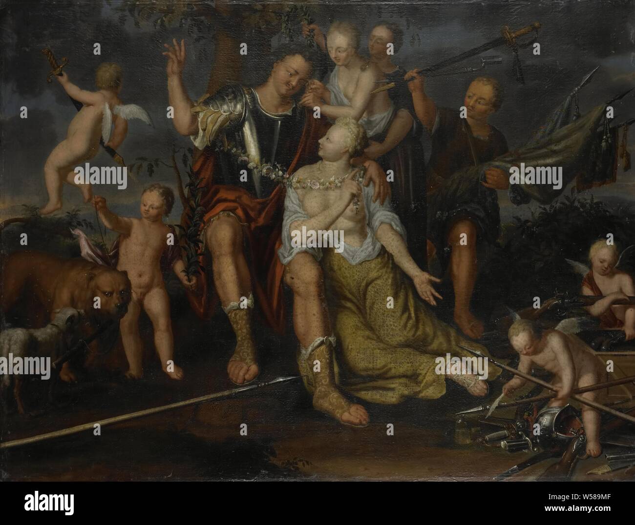 Allegoria della Pace, Allegoria della Pace. Un disarmato Marte si trova il suo braccio sulla spalla della personificazione della pace. Diversi putti sono la raccolta di armi e di metterli in allontanamento o segare intorno al giovane seduto ai piedi di un albero. Sulla sinistra un putto con un ramo di olivo e un cane al guinzaglio. Sulla destra un servo con striscioni e armi nelle sue braccia, simboli allegorie della pace, 'pax', 'pace' (RIPA), il disarmo, aspetti specifici, allegorica gli aspetti di Marte Mars come patrono, Kessel (B.?) van, 1700 - 1725, tela, pittura a olio (vernice), h 112 cm × W 147 cm × t 4 cm h 120,6 cm × w 155.6 cm × d 9 Foto Stock