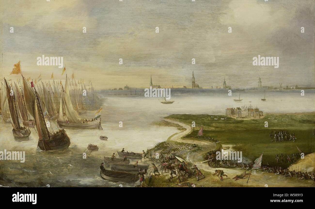 Il tentativo non riuscito su Anversa dal principe Maurits, 17 maggio 1605, il fallito attentato contro Anversa dal principe Maurits, 17 maggio 1605. Lotta sul Blokkersdijk tra le truppe spagnole e l'acqua mendicanti cercando di arrivare a terra. Sulla sinistra la flotta di geuzen sulla Schelda, in lontananza il profilo della città di Anversa, la marina (imbarcazioni a vela), (militari) attacco, Anversa, Schelda, Maurits (principe di Orange), Ernst Casimir conte di Nassau-Dietz, anonimo, Paesi Bassi meridionali, 1605 - 1699, il legno (materiale vegetale), pittura a olio (vernice), h 31.5 cm × W 52,5 cm d 4.6 cm Foto Stock