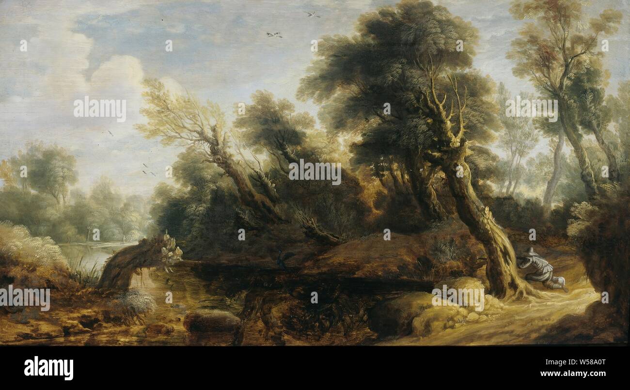 Paesaggio con cacciatore, in un paesaggio un cacciatore si inginocchia dietro ad un albero e stabilisce la sua pistola. Egli è sulla sponda destra di un piccolo fiume e si concentra su una preda sull'altro lato, cacciatori di caccia, foresta, legno, Monogrammist IVS, Vlaanderen, 1646, pittura a olio (vernice), pannello, h 42.5 cm × W 72 cm d 6 cm Foto Stock