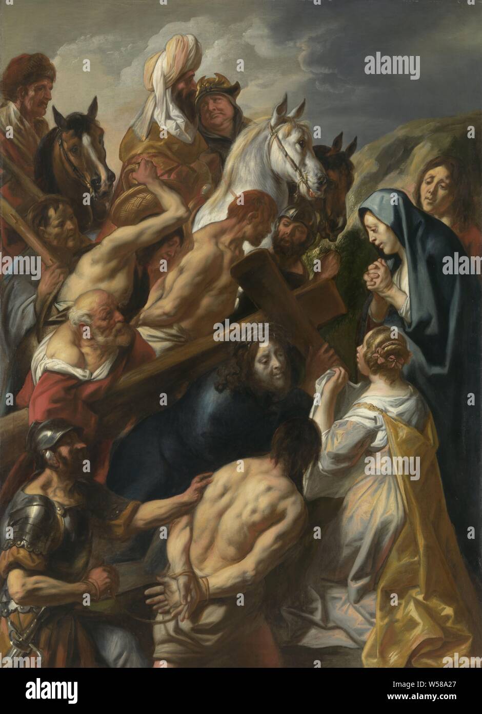 La realizzazione della Croce, di portare la croce. In centro il Cristo con la croce sulle spalle. Simon van Cirene sulla sinistra, Veronica, Maria e Johannes sulla destra. Su entrambi i lati di Cristo i due assassini, sopra i sacerdoti a cavallo. Il corteo è accompagnato da soldati romani. Il dipinto fu realizzato per la chiesa di San Franciscus Xaverius (De Krijtberg) sul Singel in Amsterdam, Cristo incontra Veronica, chi ha un panno per pulire il volto di Cristo, Jacob Jordaens (MI), 1657, tela, pittura a olio (vernice), h 239 cm × w 174.5 cm d 8 cm Foto Stock