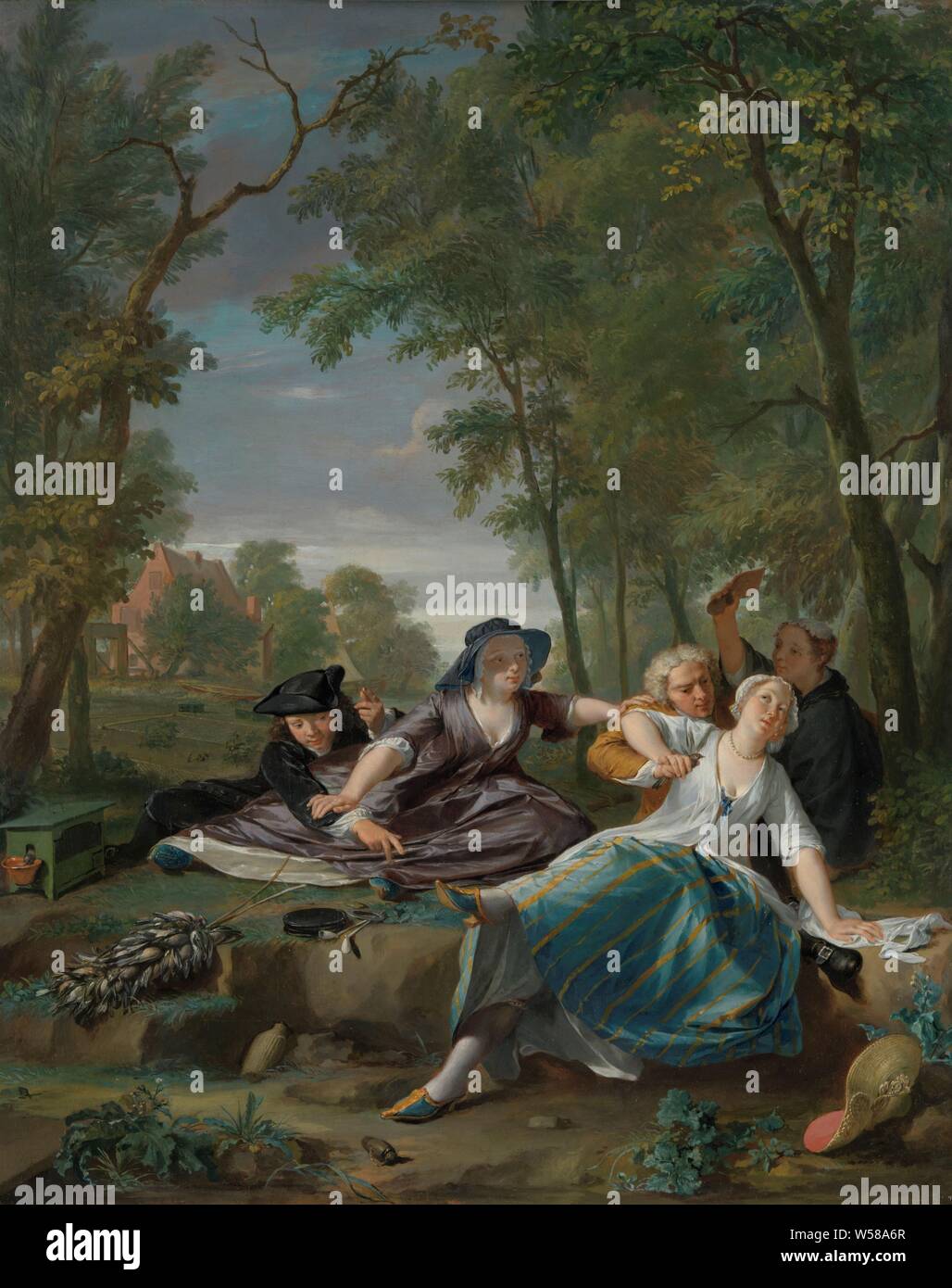 Il birdwatcher genere scena con eleganti coppie giovani in un paesaggio, mappe di distinti paesi o regioni, Cile, Johan Maurits conte di Nassau-Siegen, West India Company, Nicolaas Verkolje (attribuito a), Amsterdam, c. 1730 - c. 1746, pittura a olio (vernice), pannello, pittura, h 59 cm × W 47 cm d 4 cm Foto Stock