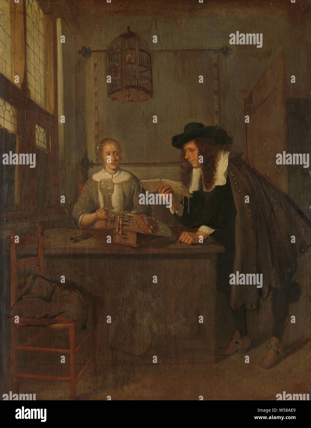 Interno con Lace-Worker e un visitatore, interno in cui un uomo legge piegata da un piccolo libro. Egli è appoggiato su un tavolo in cui una giovane donna è stato occupato il merletto a fuselli. Sorride all'uomo e detiene un rummer con il vino in mano. Una gabbia per uccelli pende dal soffitto e una parete mappa su bastoni contro il muro, mappe di distinti paesi o regioni, Pôrto Calvo, Johan Maurits conte di Nassau-Siegen, West India Company, Quiringh Gerritsz. van Brekelenkam, 1650 - 1668, pannello, pittura a olio (vernice), h 49 cm × W 38 cm d 5 cm Foto Stock