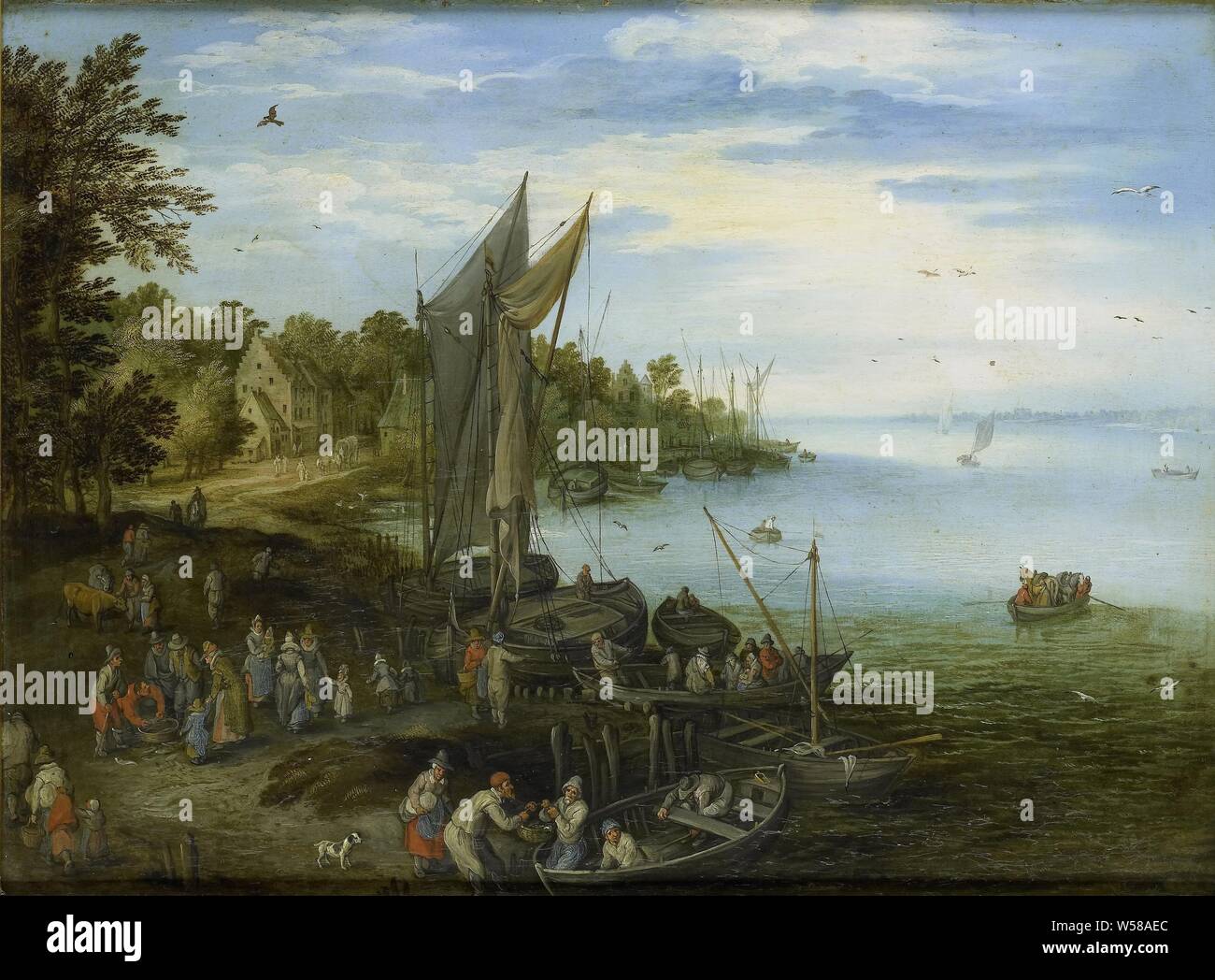 In riva al fiume, paesaggio fluviale. Sulla banca di acqua di tutti i tipi di persone sono caricati in e fuori di barche., Jan Brueghel (MI) (copia dopo), 1600 - 1650, rame (metallo), pittura a olio (vernice), h 20.5 cm × W 27,5 cm d 7,5 cm Foto Stock