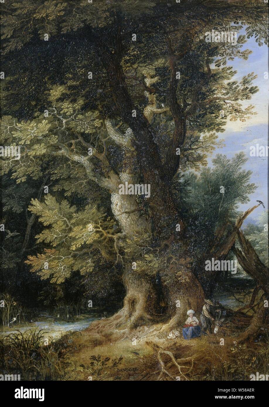 Resto sulla fuga in Egitto, resto sulla fuga in Egitto. La Santa Famiglia si appoggia ai piedi di due grandi alberi., Jan Brueghel (MI) (modo di), 1600 - 1699, rame (metallo), pittura a olio (vernice), h 20.5 cm × W 15,5 cm × d 1,5 cm Foto Stock
