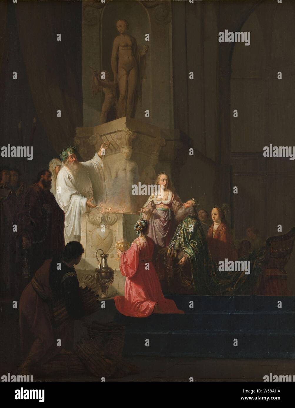 L'idolatria del re Salomone, l'idolatria del re Salomone. All'interno del tempio in cui il re Salomone, circondato da alcune donne, si inginocchia di fronte a un altare dove l'incenso è bruciato. Sulla sinistra è un sacerdote in tunica bianca, puntando a un gruppo scultoreo di Venere e Amore. In primo piano un uomo fasci fasci di legna da ardere., Willem de Poorter, 1630 - 1648, pannello, pittura a olio (vernice), h 63 cm × W 49 cm Foto Stock