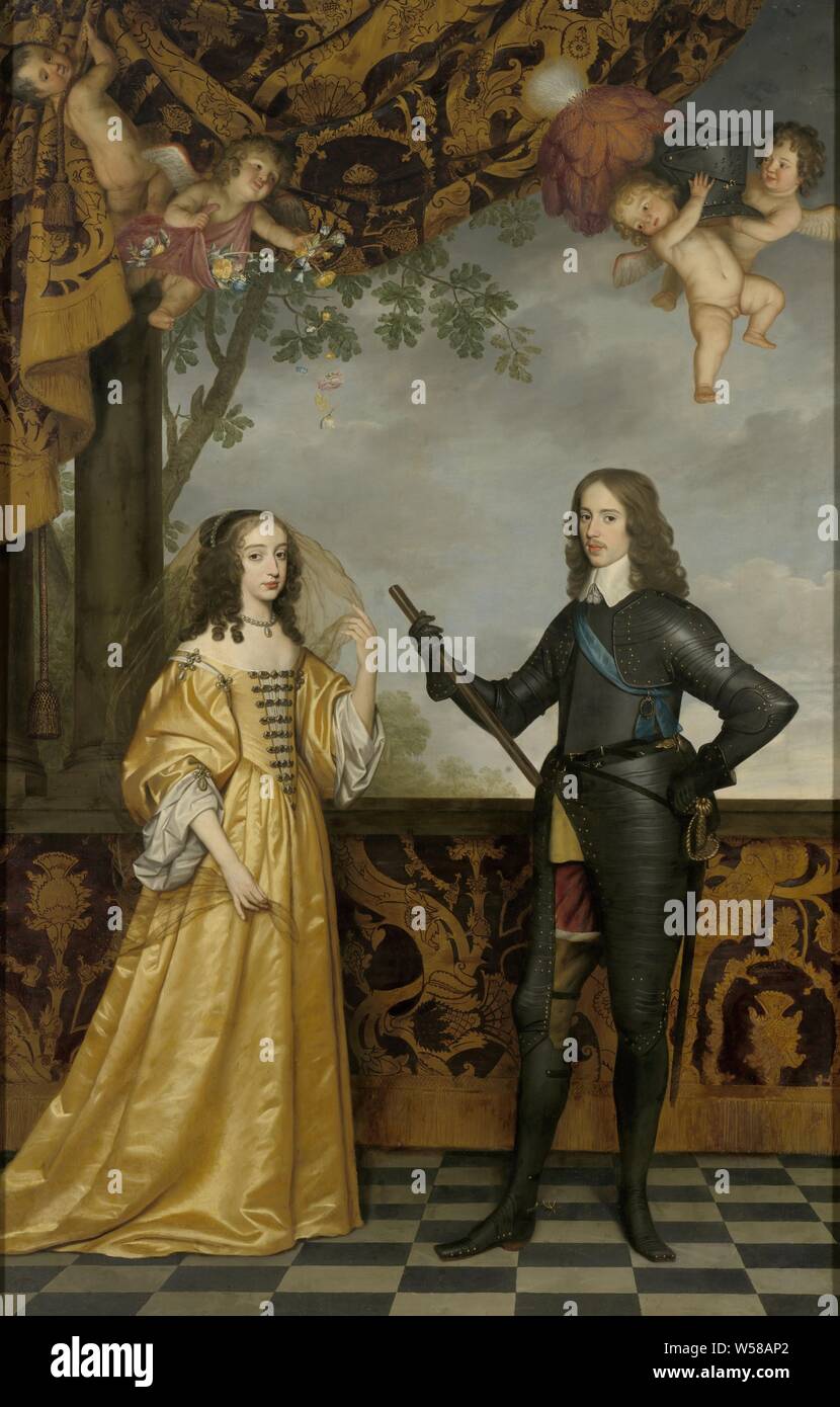 Ritratto di Guglielmo II (1626-1650), il principe di Orange e sua moglie Maria Stuart (1631-1660), il Ritratto di Guglielmo II, con sua moglie Maria Stuart. Entrambi sono presentati in pieno lunghezza, in piedi su un balcone. Il principe in armatura con personale di comando nella mano destra. Quattro putti giocare nella parte superiore sinistra della tenda, due con il principe del casco, uno spruzzino con fiori. Willem II (principe di Orange), Henrietta Maria Stuart, Gerard van Honthorst, 1647, tela, pittura a olio (vernice), supporto: h 302 cm × w 194.3 cm d 12 cm Foto Stock