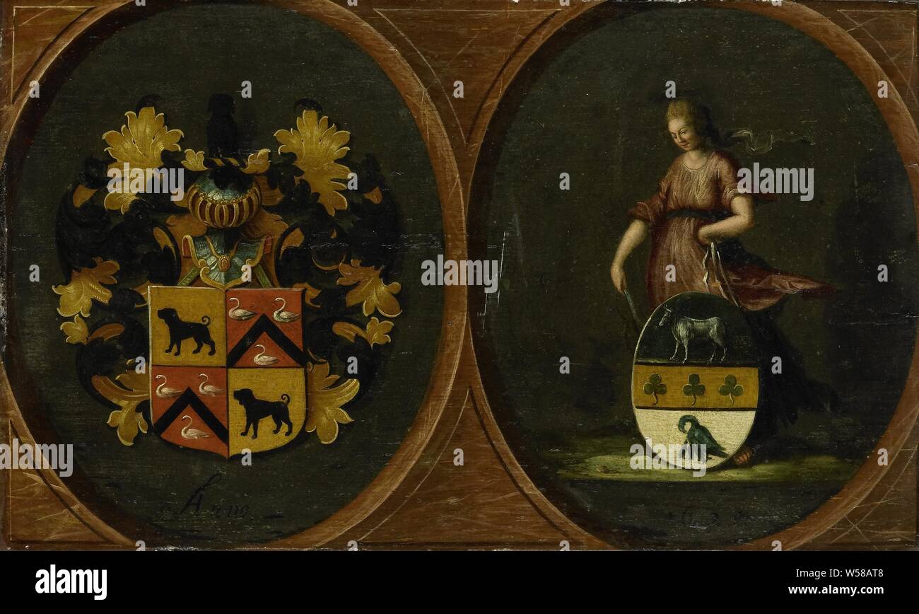 Stemma con i bracci della coppia Pieter Courten e Hortensia del Prado, 1625, 1625. Parte di una serie di armi appartenenti al donatore Jonkheer J. de Witte van Citters, l'Aia, 1876. Parte dell'araldica raccolta di oggetti., anonimo, Paesi Bassi del Nord, pannello, pittura a olio (vernice), h 27 cm × W 44,8 cm d 4,1 cm Foto Stock