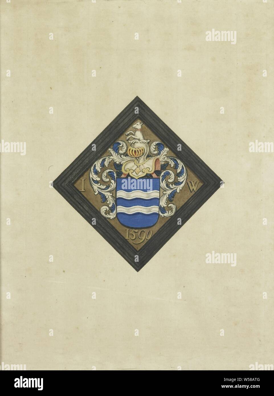 Lo stemma dei De Witte famiglia, dopo un diamante lamento funebre piastra con la sigla IW su entrambi i lati dello schermo e l'anno 1590, lo stemma della famiglia Witte, dopo un diamante a forma di lamento funebre piastra con la sigla IW su entrambi i lati dello schermo e l'anno 1590. Parte di una serie di armi appartenenti alla donazione Jonkheer J. de Witte van Citters, l'Aia, 1876. Parte della collezione di oggetti araldico., anonimo, Paesi Bassi del Nord, 1750 - 1799, carta Acquerello (vernice), h 32.5 cm × W 25 cm d 2,3 cm Foto Stock