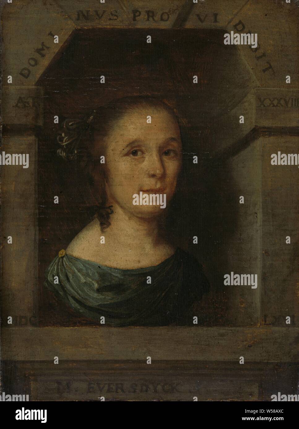 Maria Eversdijck (b 1628), moglie o Nicolaes Blancardus, ritratto di Maria Eversdijck, moglie di Nicolaes Blancardus. Busto in forma di una scultura in una nicchia di pietra., Willem Eversdijck, 1666, pannello, pittura a olio (vernice), h cm 16 × W 11,5 cm d 5 cm Foto Stock