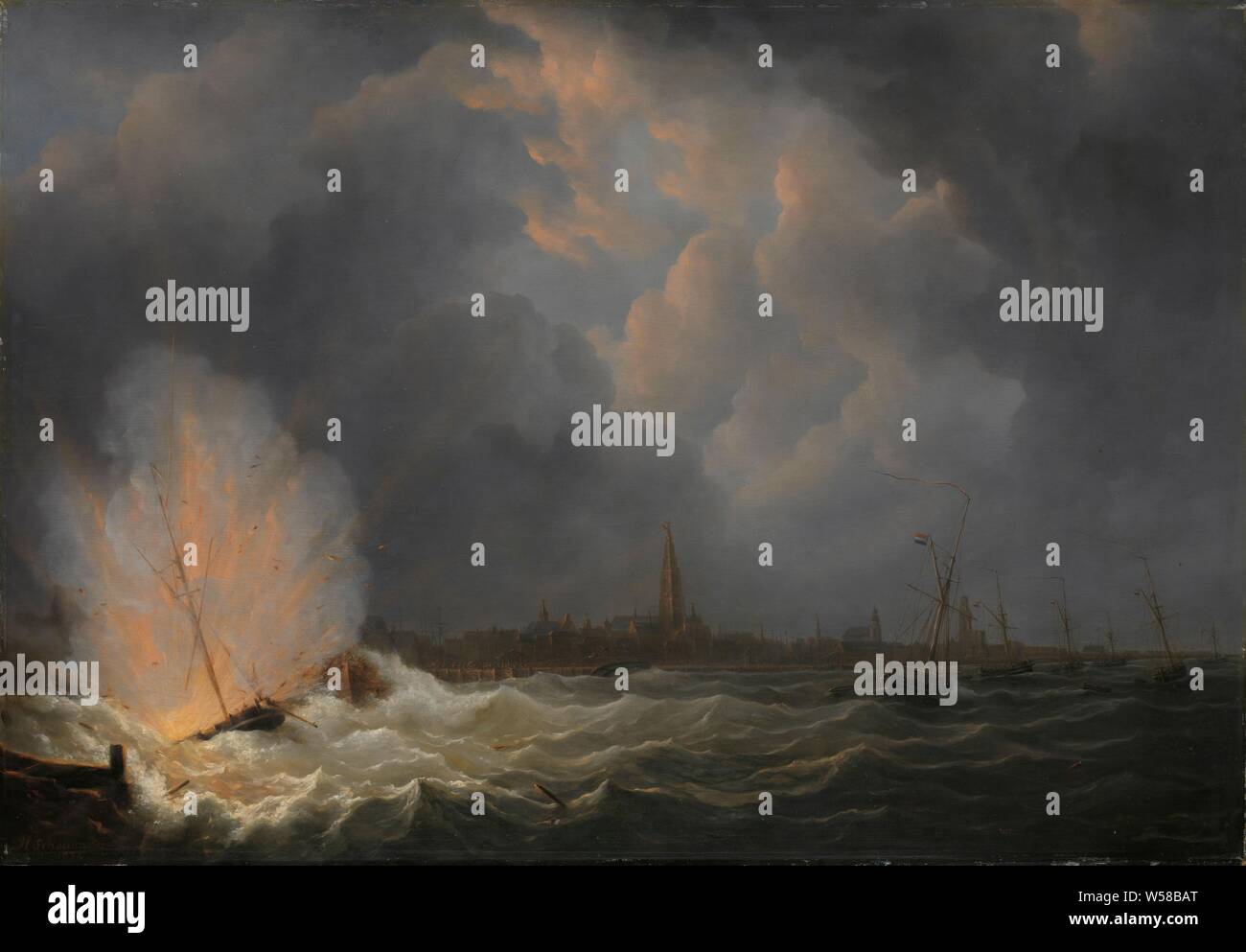 L'Esplosione di cannoniere n. 2, sotto il comando di Jan van Speijk, off Anversa, 5 febbraio 1831, l'esplosione sulla Schelda per Anversa da cannoniere n. 2 sotto il comando di Jan van Speijk, 1831. Sullo sfondo il profilo della città di Anversa, polvere da sparo disastro, prospettiva di città panorama, la silhouette della città di Anversa, Jan Carel Josephus van Speijk, Martinus Schouman, 1832, pannello, pittura a olio (vernice), h 53 cm × W 76 cm d 6 cm Foto Stock