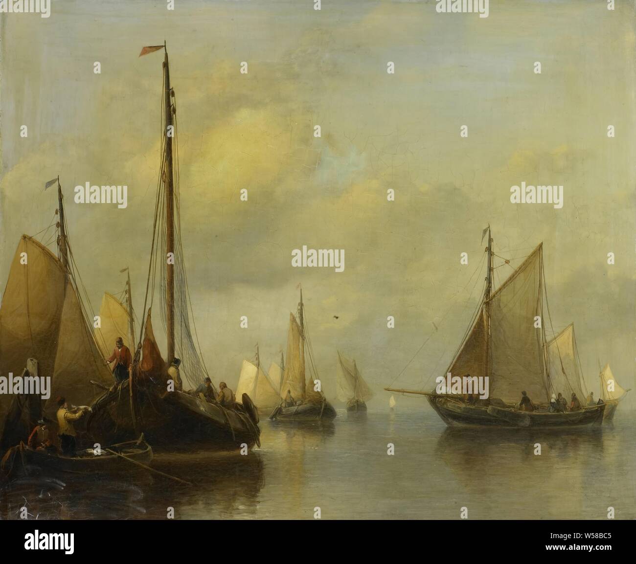 Barche da pesca in acque calme in corrispondenza di un pontile sulla sinistra, un pescatore mantiene un pesce in una barca a remi., Antonie Waldorp, 1840 - 1850, pannello, pittura a olio (vernice), h 48,5 cm × W 60 cm d 7 cm Foto Stock