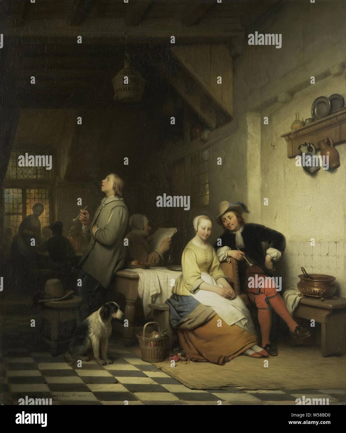 Interno di una Locanda con figure in costume Seventeenth-Century, Inn interno con figure nel XVII secolo costume. In una tabella di un giovane uomo courtes una giovane donna. A sinistra un uomo che fuma una tubazione, un cane si siede ai suoi piedi. Sulla parete una cremagliera con pietra boccali appesi., Ferdinand De Braekeleer (MI), 1848, pannello, pittura a olio (vernice), h 57,5 cm × W 49,5 cm d 6 cm Foto Stock