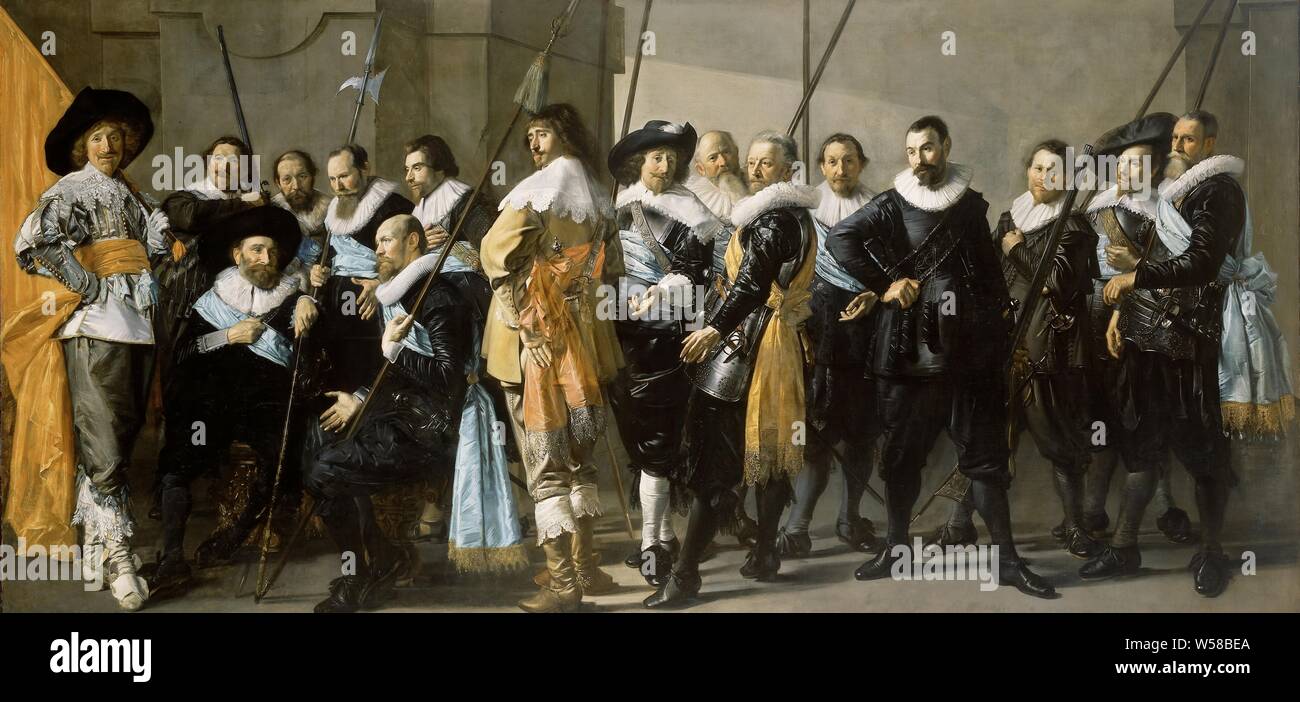 Milizia del distretto XI sotto il comando del capitano Reynier Reael, noto come 'il magro Company", ufficiali e otger guardie del XI distretto di Amsterdam, sotto il comando del capitano Reijnier Reael e tenente Cornelis Michielsz Blaeuw, noto come 'il magro Company", la corporation del capitano Reijnier Reael e tenente Cornelis Michielsz Blaeuw, Amsterdam, 1637, noto come "l'azienda skinny.' milizie di pezzo con due sedute e altrimenti in piedi da soli uomini. Alcune con un banner alabarda e lance, guerra, affari militari (cittadino soldiery, guardia civile, la milizia cittadina Foto Stock