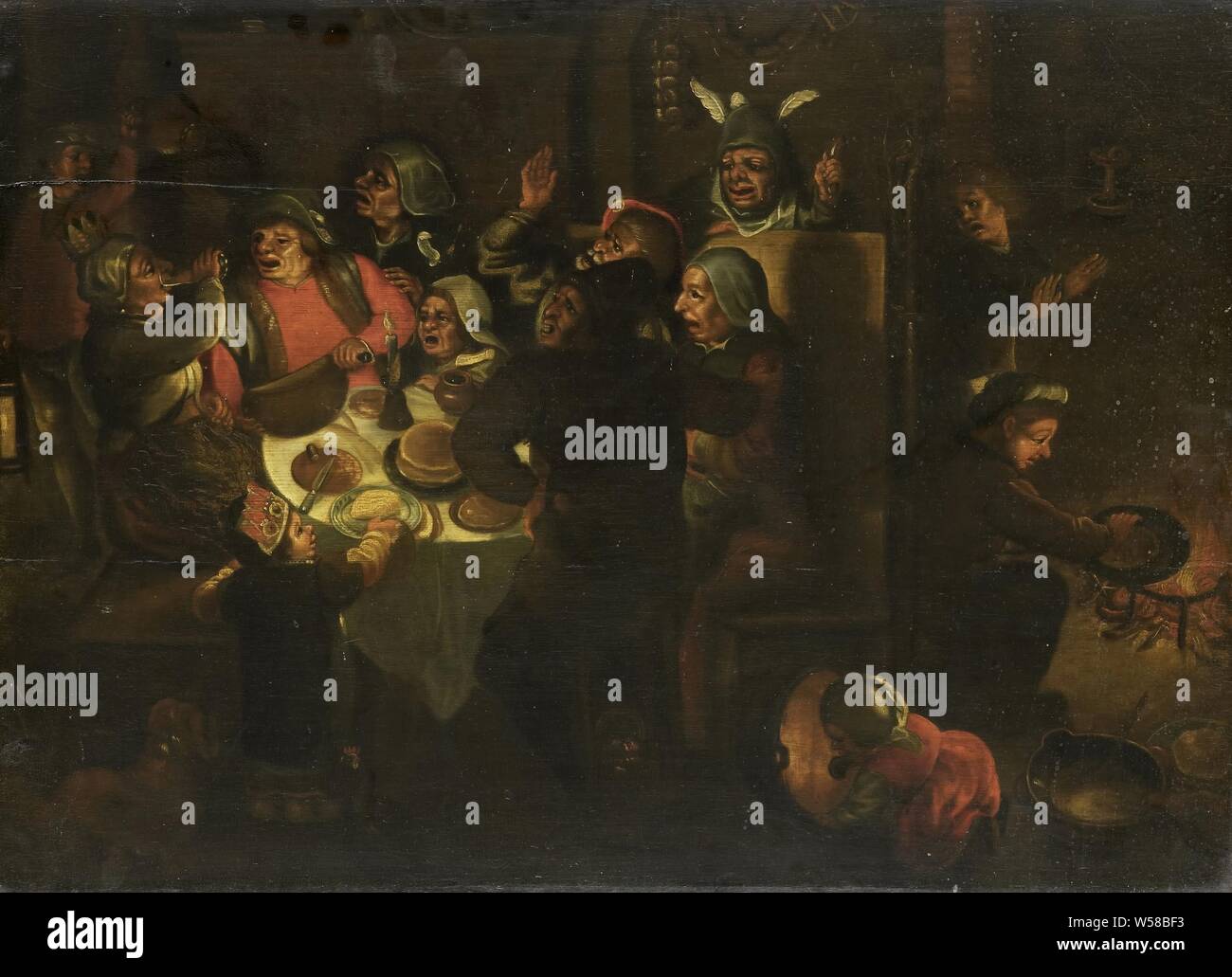Festa dell'Epifania, in un coltivatore di interni, Epifania viene celebrato con una festa. Una famiglia con bambini si siede attorno ad un tavolo, alcuni di loro indossa strani cappelli sulle loro teste. Mentre una donna beve un bicchiere a sinistra della tabella, le altre cantano una canzone. Frittelle sono cotte sulla destra vicino al caminetto. Sulla sinistra alla porta un uomo con una brocca e una lanterna, anonimo, Nederlanden, c. 1600 - c. 1649, pannello, pittura a olio (vernice), h 40 cm × W 56,5 cm d 5.2 cm Foto Stock
