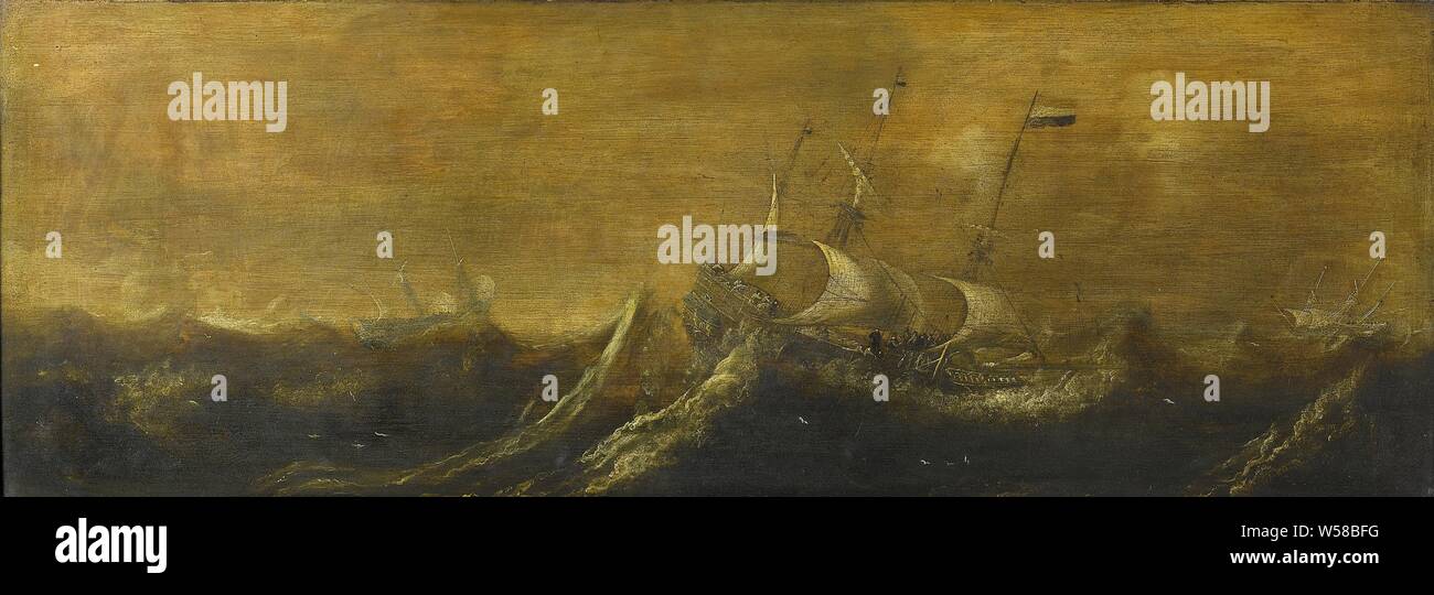 Le navi in una tempesta, Seascape con alcune navi in mare durante una tempesta., Andries Van Eertvelt (attribuito a), 1600 - 1652, pittura a olio (vernice), pannello, pittura, h 38 cm × w 106,5 cm d 6,5 cm Foto Stock