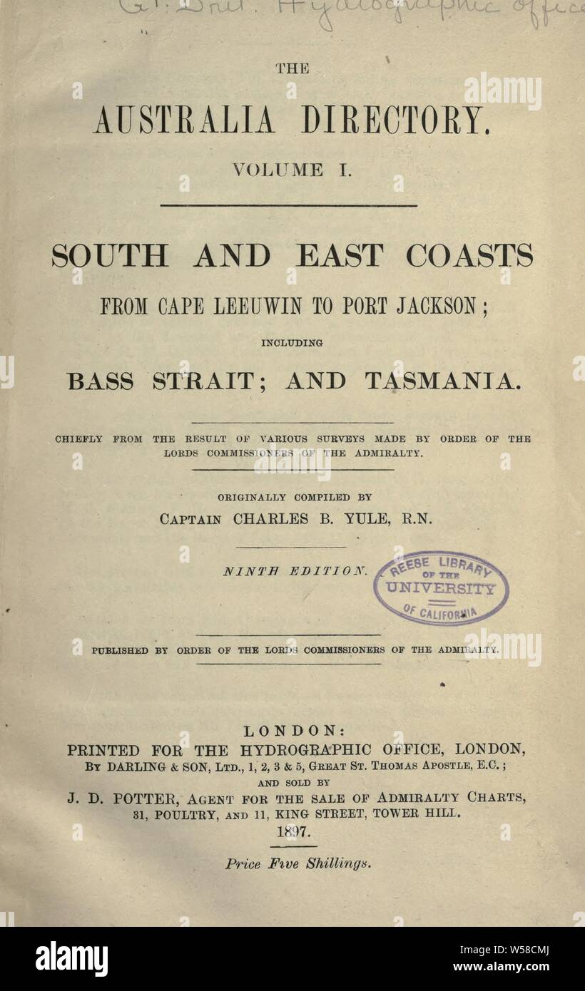 L'Australia directory. principalmente dal risultato di varie ricerche fatte da ordine dei signori Commissari di Admiralty : Gran Bretagna. Ufficio idrografico Foto Stock