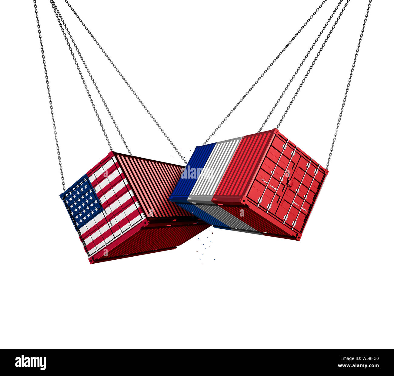 Fiscale francese USA guerra commerciale e tariffe americano global trade controversia come due opposte merci a contenitori in Francia come un conflitto economico. Foto Stock