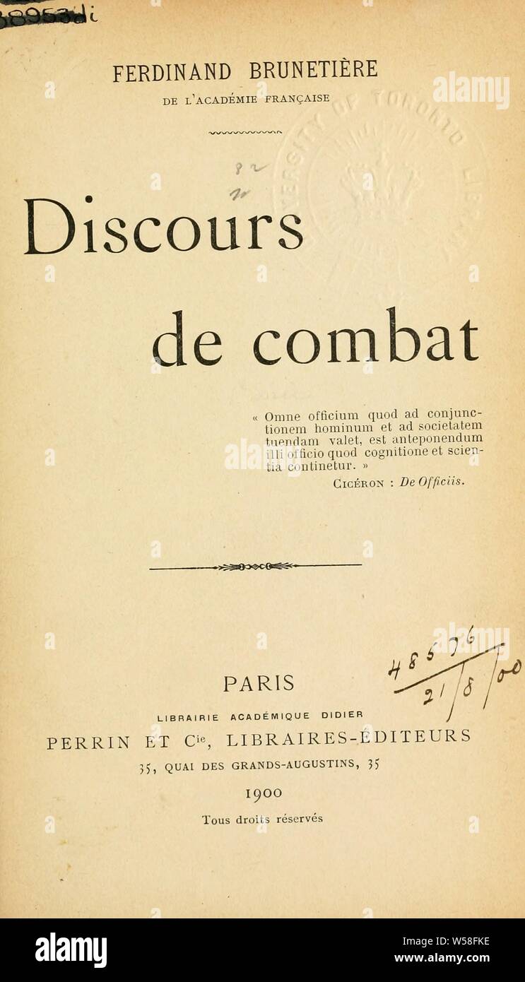 Discours de combat : Brunetière, Ferdinando, 1849-1906 Foto Stock