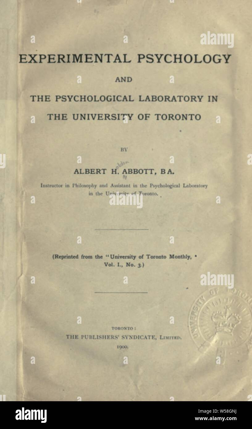 Psicologia Sperimentale e il laboratorio psicologico all'Università di Toronto : Abbott, Albert Holden, 1871-1934 Foto Stock