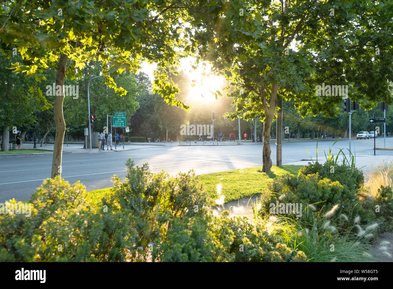 Santiago, Regione Metropolitana, Cile - Bivio nel Parco Forestal presso il centro cittadino con una impostazione sun. Foto Stock