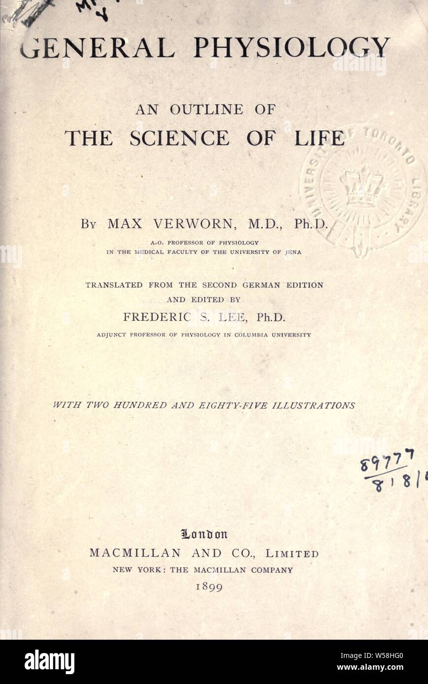 Fisiologia Generale, un profilo della scienza della vita : Verworn, Max Foto Stock
