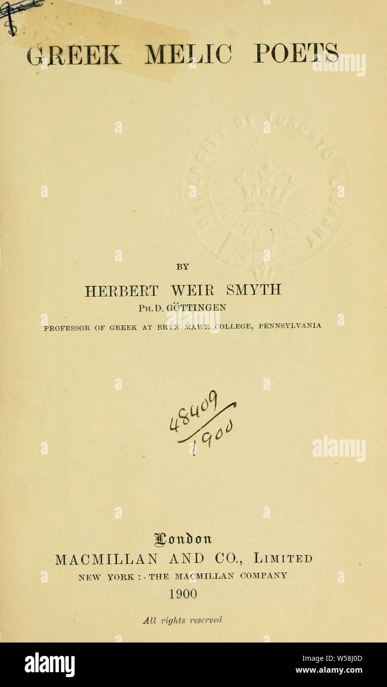 Melic greco poeti : Smyth, Herbert Weir, 1857-1937 Foto Stock