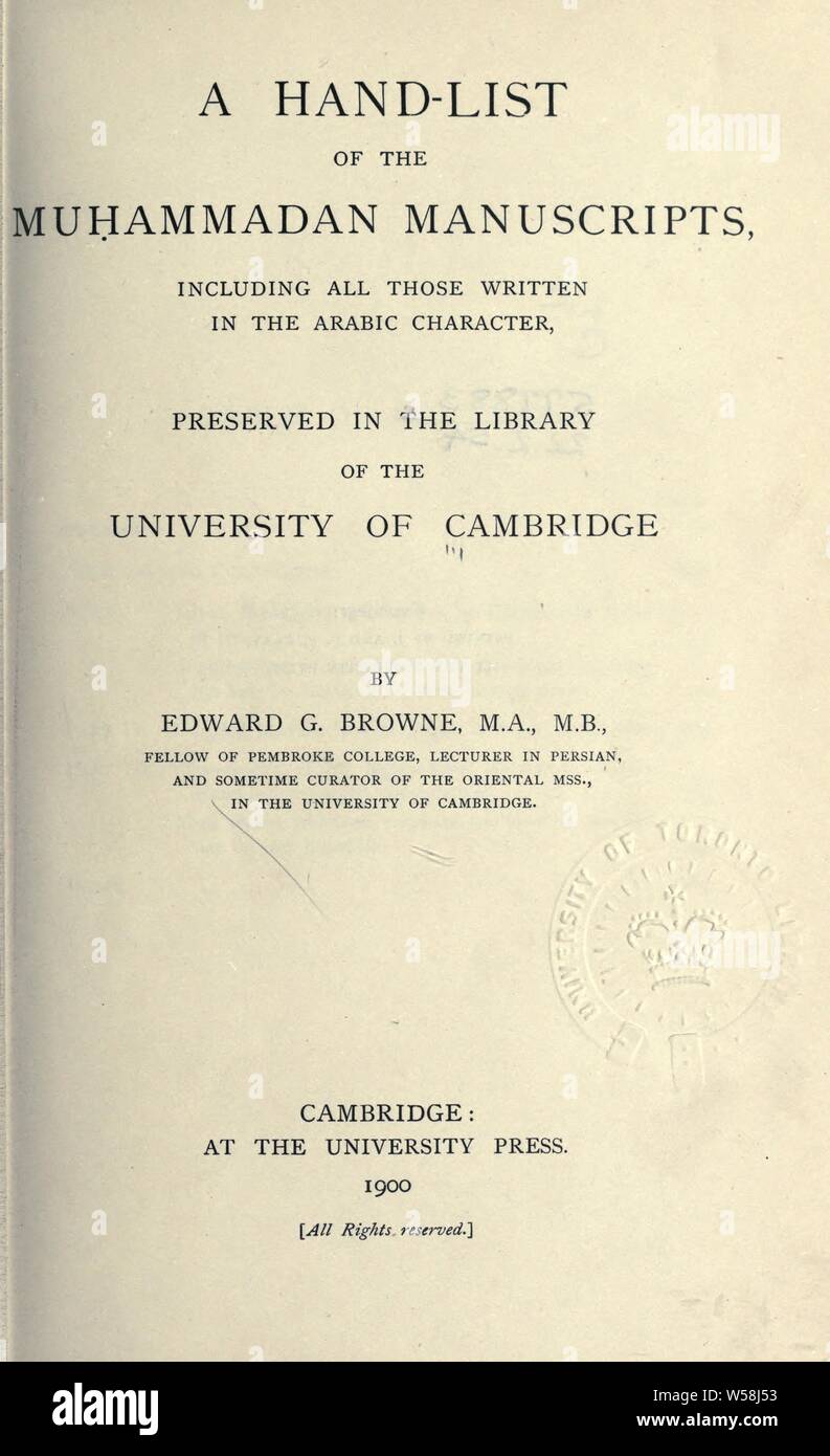 Una mano-elenco dei manoscritti Muhammadan, incluse tutte quelle scritte in caratteri arabi, conservate nella biblioteca dell Università di Cambridge : Cambridge University Library Foto Stock