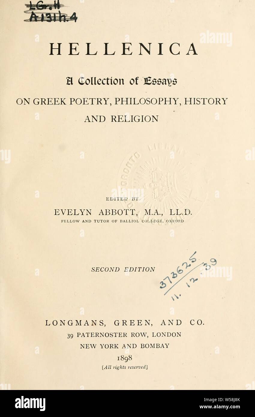 Hellenica, una raccolta di saggi sulla poesia greca, filosofia, storia e religione : Abbott, Evelyn, 1843-1901 Foto Stock