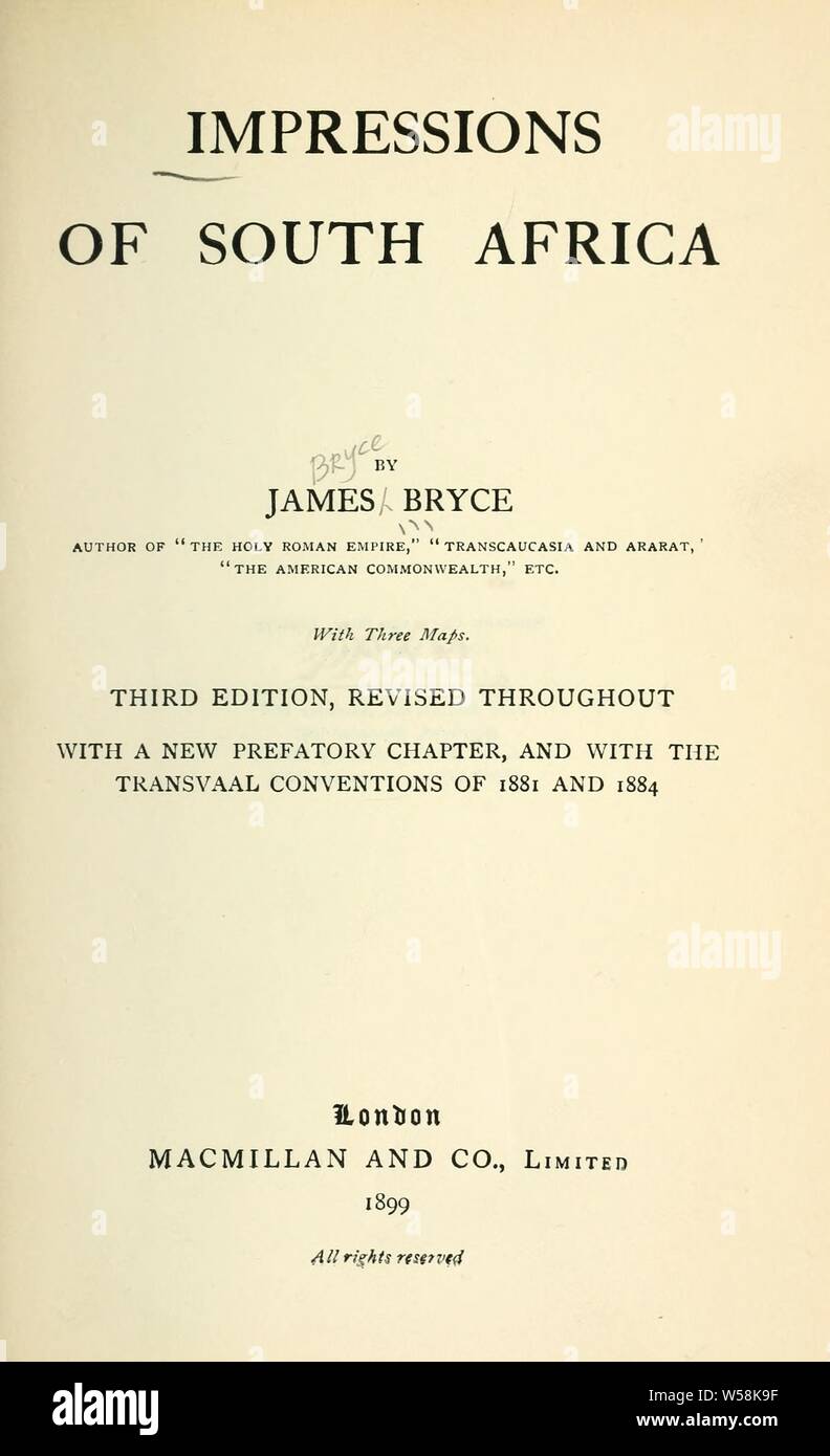 Impressioni di Sud Africa : Bryce, James Bryce, Visconte 1838-1922 Foto Stock