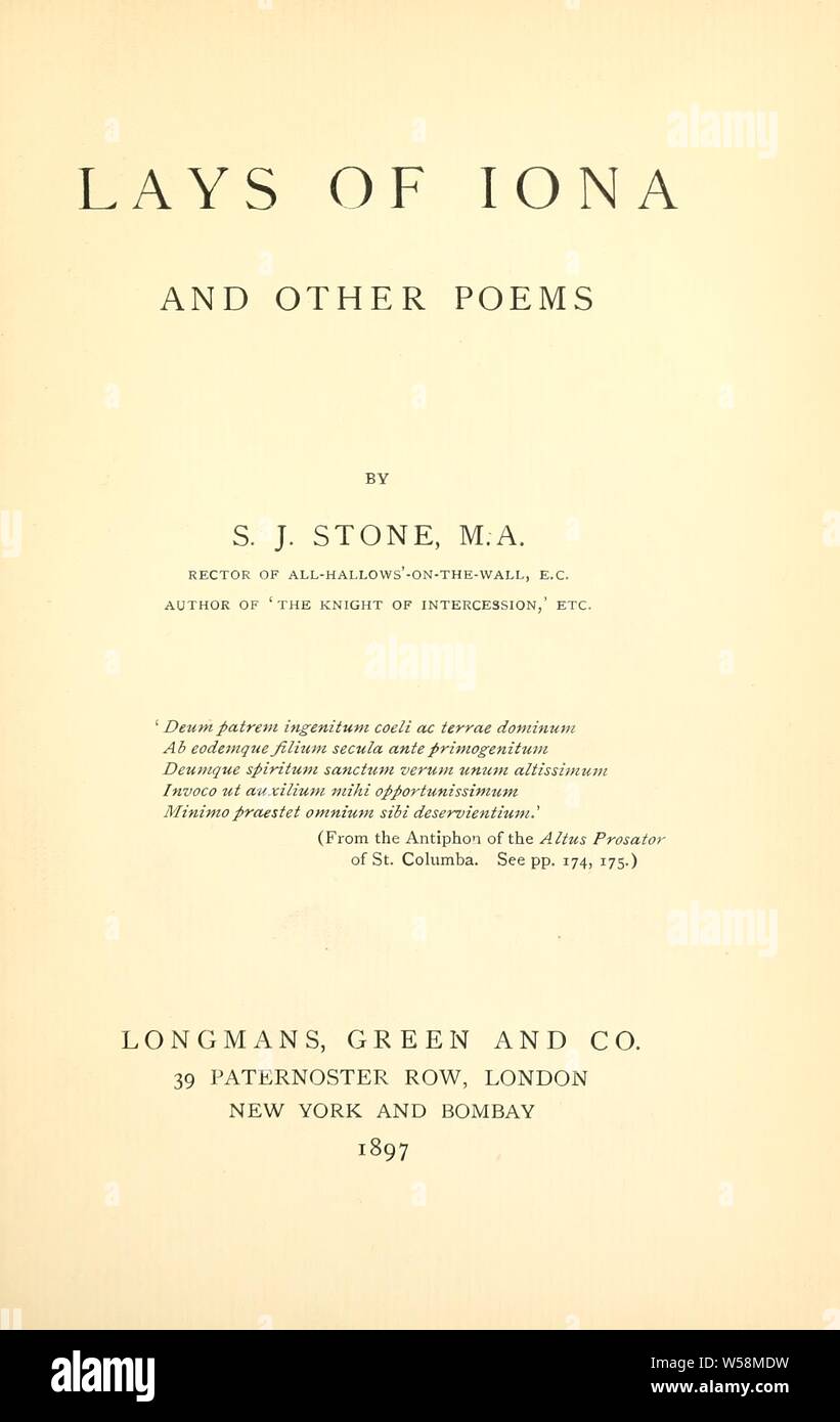 Stabilisce di Iona e altre poesie : Pietra, S. J. (Samuel John), 1839-1900 Foto Stock