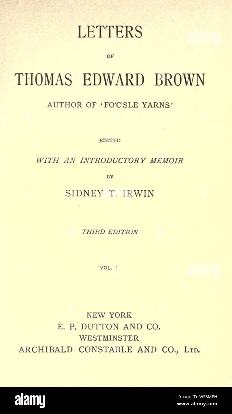 Lettere di Thomas Edward Brown, autore di "Fo'c'sle filati' : Marrone, T. E. (Thomas Edward), 1830-1897 Foto Stock