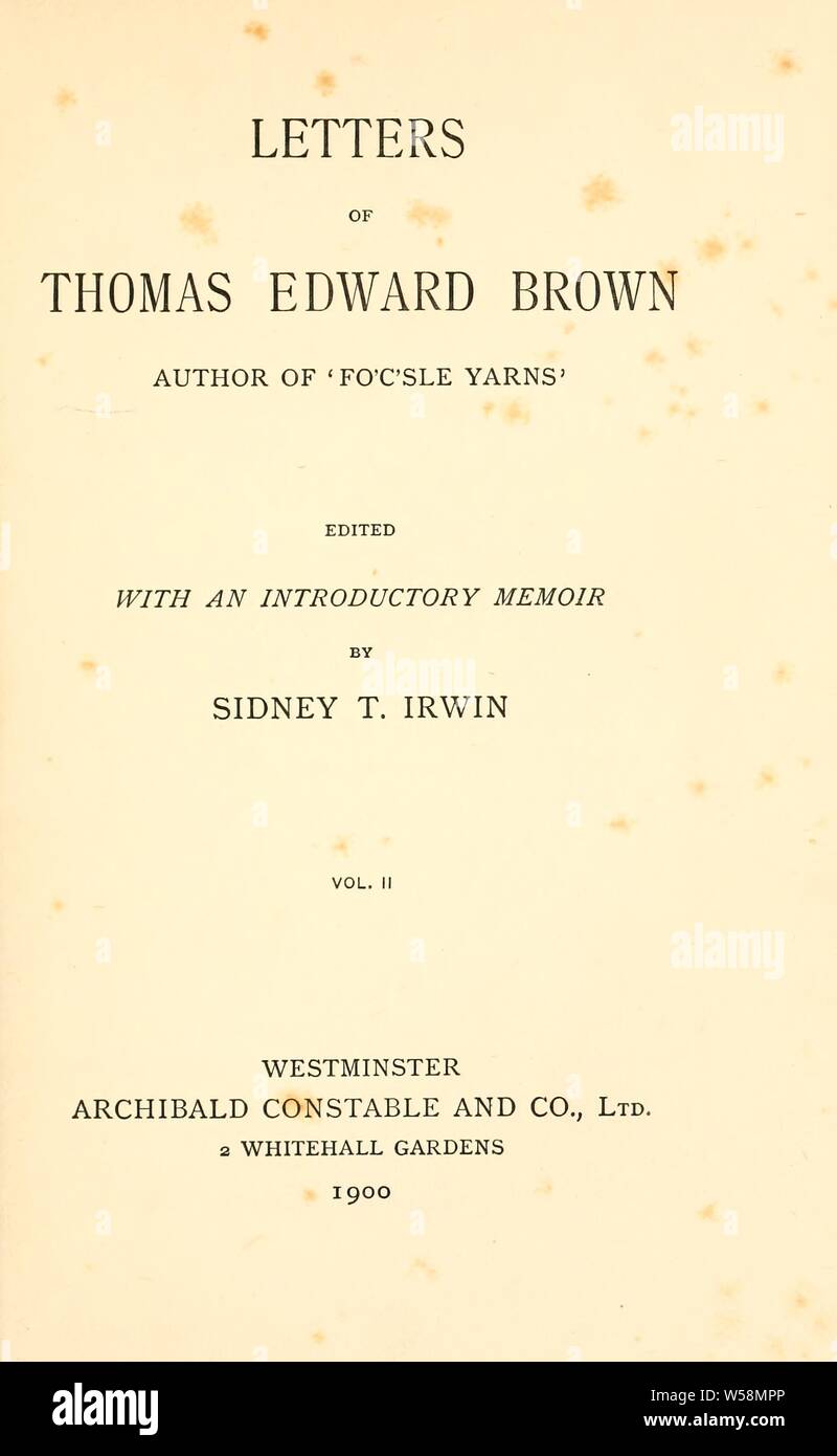 Lettere di Thomas Edward Brown, autore di "Fo'c'sle filati"; : Marrone, T. E. (Thomas Edward), 1830-1897 Foto Stock