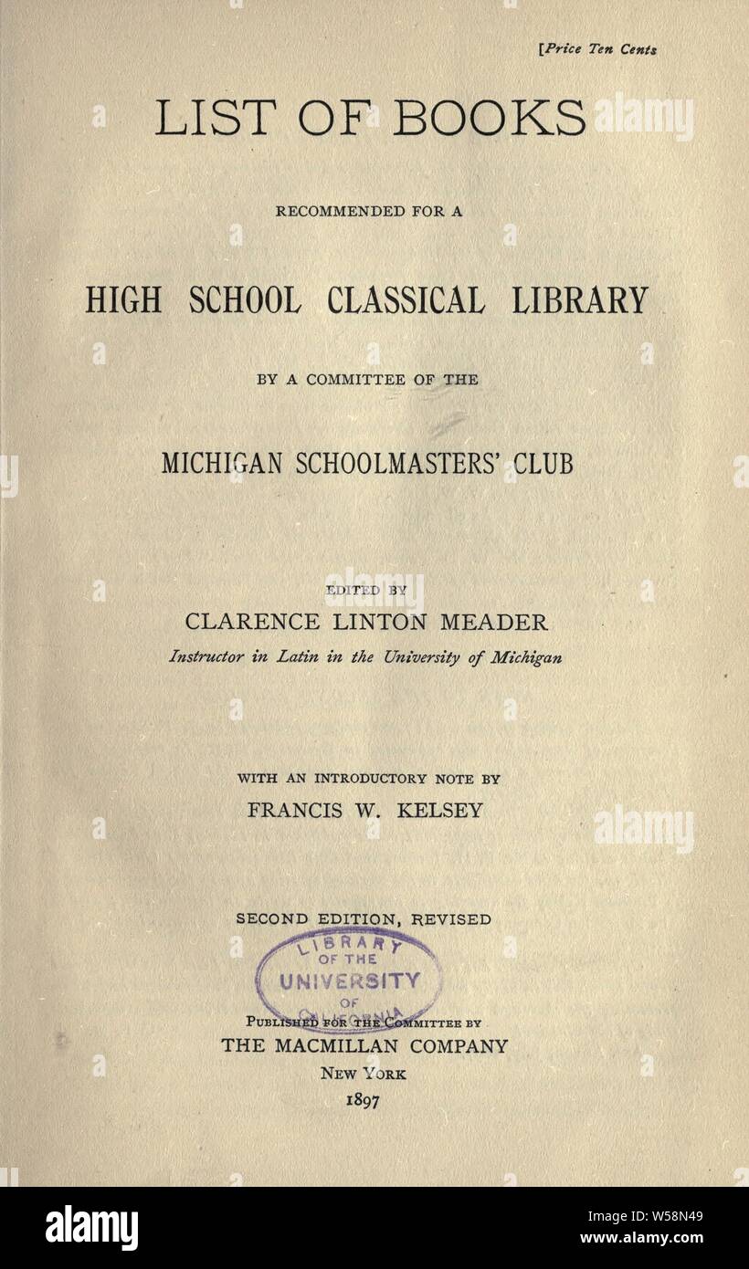 Elenco di libri consigliati per un liceo classico : libreria Michigan Schoolmasters' Club Foto Stock