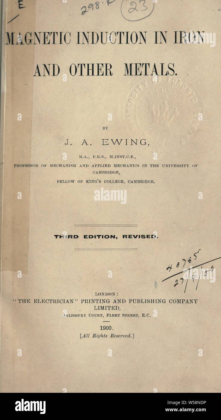 Induzione magnetica in ferro e altri metalli : Ewing, Sir James Alfred, 1855-1935 Foto Stock